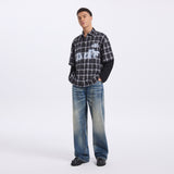 FAUX LAYERED PLAID & WAFFLE KNIT LONG SLEEVE SHIRT